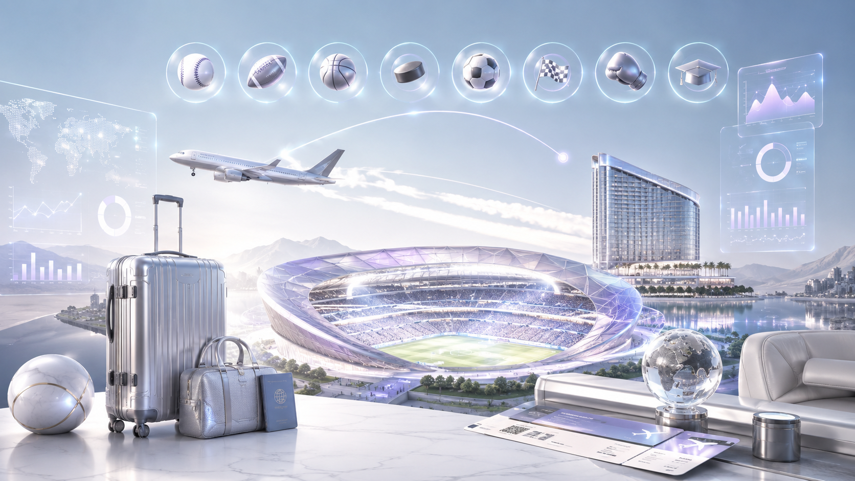 Premium sports travel concept with stadium, luggage, hotel and travel planning visuals